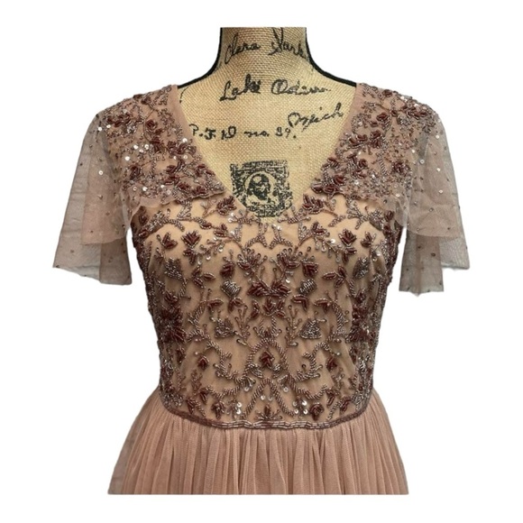 ADRIANNA PAPELL Rose Gold Beaded Embroidered Tulle Maxi Gown Dress 10 - Picture 11 of 15